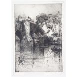 Hedley Fitton: a signed etching, "Dumfries", in strip frame, Zena Oster: a signed etching, view of
