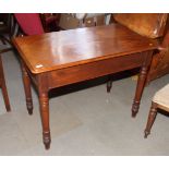 A polished as mahogany centre table, fitted one drawer, on turned and stretchered supports, 39"