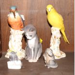 Two Royal Worcester china models of a kingfisher and a canary bird and three Royal Copenhagen models