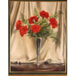 A L Grace: oil on canvas, still life of carnations, 18" x 15", in gilt frame