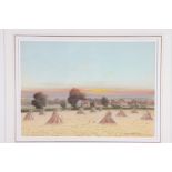 George Oyston: watercolours, harvest field with stooked corn at sunset, 10" x 15", signed and