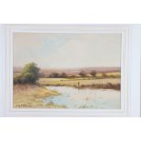 George Oyston: watercolours, river landscape with man fishing, 10" x 14", signed and dated 1929