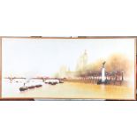 H Mann: oil on canvas, Westminster Bridge, 17" x 29", in strip frame