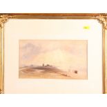 J Lindsay: watercolours, coastal scene with windmill, 6 1/2" x 11 1/2", in gilt frame