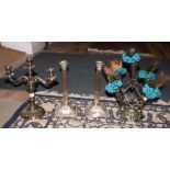 A silver plated epergne, a pair of silver plated candlesticks and a silver plated two-branch