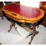 A Victorian figured walnut and inlaid shape top writing table, fitted one drawer, on twin turned