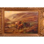 A late 19th Century oil on canvas, landscape with Highland cattle, 12" x 17", in gilt frame