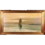 M Lorentzen: oil on canvas faced board, ship leaving harbour, 11 1/2" x 23", in gilt frame