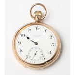 A J W Benson 9ct gold cased open face pocket watch with white enamel dial and subsidiary seconds