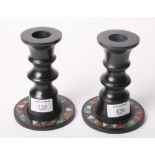 A pair of pietra dura and slate candlesticks, 5 1/2" high