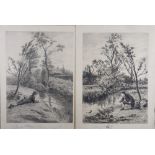 A pair of artist's proof etchings, boys fishing, 21" x 16", indistinctly signed, unframed