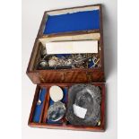 A mahogany and inlaid jewellery box containing a collection of costume jewellery, etc