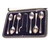 A set of six silver teaspoons and matching sugar tongs, in fitted case, 3.4oz troy approx