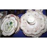 A Dresden porcelain shaped bowl decorated floral sprays, a smaller similar, a similar ribbon plate