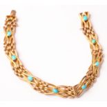 An Edwardian 9ct gold and turquoise mounted gate bracelet, 12.5g