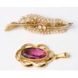 A 14ct rolled gold and amethyst pendant and a yellow metal and seed pearl bar brooch