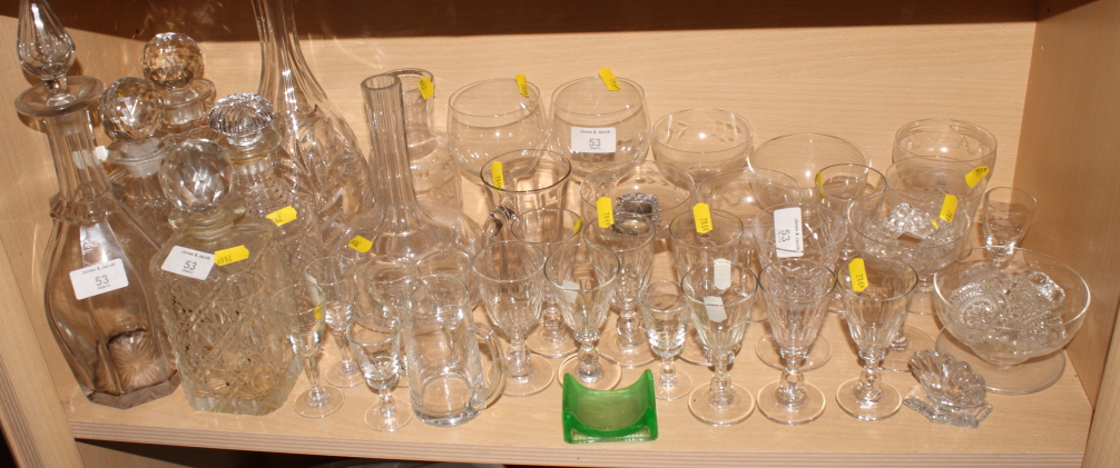 Six cut glass decanters, various, and a quantity of assorted drinking glasses