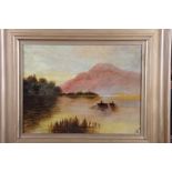 Two early 20th Century oil paintings, sailing barge at sunset and two rowing boats on a lake,