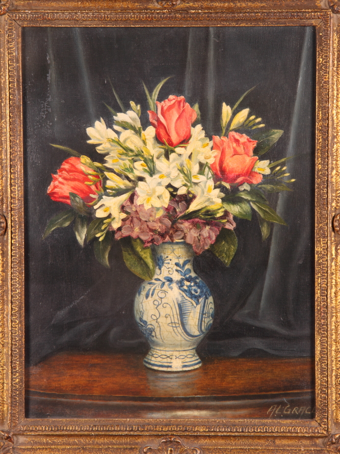 A L Grace: oil on canvas, still life vase of flowers, 15" x 11", in gilt frame
