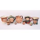 Five Royal Doulton character jugs, "Auld Mac", "Old King John", "John Barleycorn", "Dick Turpin", "