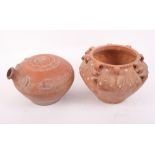 A Persian/Middle Eastern terracotta stone inset bowl, 10" dia, and a similar water bottle, 9" high