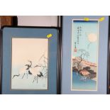 A 19th Century Japanese woodblock print, figures on a hill, and one other, three storks, in ebonised