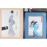 Two 19th Century Japanese woodblock prints, in a snowstorm and woman with a fan, in ebonised strip