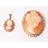 A 9ct gold carved shell cameo brooch and a similar pendant