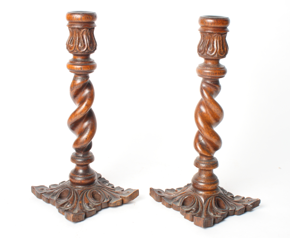 A pair of Staffordshire dogs, 9" high, and a pair of oak candlesticks with scroll carved square - Image 2 of 2