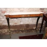 A French Empire design kingwood console table with marble top, on curved gilt metal supports, 44"