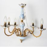 A five-branch pendant centre light with reeded gilt metal arms and blue and gilt china central stem