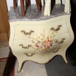 A painted and decorated bombe front commode chest of three drawers with marble top, 28" wide