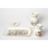 Two Coalport bone china commemorative jugs, a companion tray and two coasters