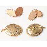 A pair of 9ct gold cufflinks and two yellow metal lockets