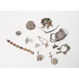 Two Victorian silver brooches, an enamelled locket and a small collection of silver and white
