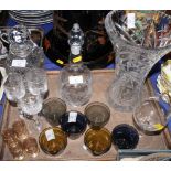A heavy cut glass trumpet vase, a cut glass decanter, one other decanter and other items of