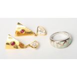 A pair of 18ct gold drop earrings set red and white stones and a silver and opal dress ring