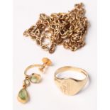 A 9ct gold necklace, a 9ct gold signet ring, 10.2g, and a gold and peridot earring