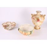 A Royal Worcester bulbous china two-handled vase, a Worcester leaf moulded salad bowl and a floral