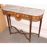 A French polished as mahogany brass and ceramic mounted console table with shaped marble top, 36"