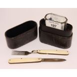 An early 20th Century campaign folding cutlery set, in fitted Morocco leather case