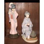 Two Lladro porcelain figures of a Japanese lady holding a fan and a Japanese tea ceremony