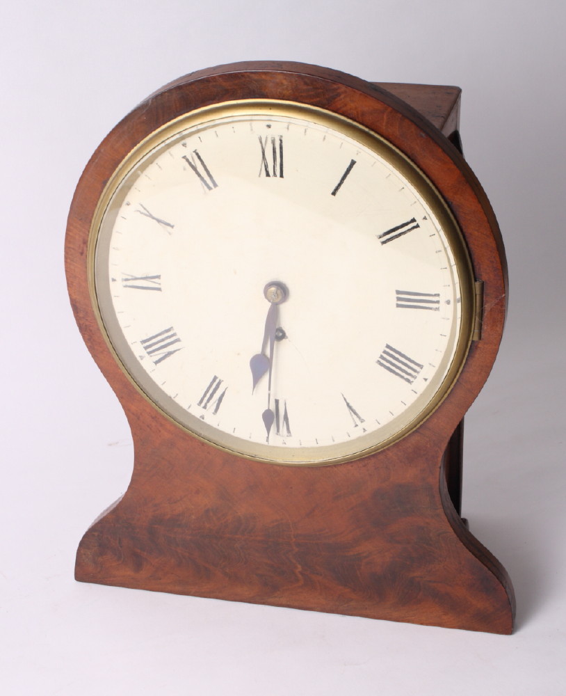 A 19th Century figured mahogany gallery clock with single fusee movement, 15" high