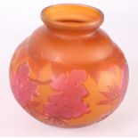 A late 20th Century Galle Tip acid etched bulbous vase with floral decoration, brown shading to