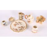 Two Royal Worcester china jugs with floral decoration, a shell-shaped dish, a vase and a dish (minor