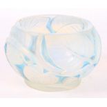 A Lalique bulbous blue glass vase, base moulded leaves and etched "R LALIQUE FRANCE" (chips to edge,