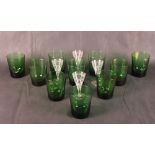 Eight green glass tumblers (one small chip) and four 19th Century cut glass sherries