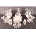 Two 19th Century cut glass water jugs, a pair of oval cut glass pedestal dishes and other items of
