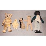 A plush teddy bear, a much loved teddy bear, a Sweep glove puppet and a Golly