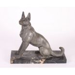 An Art Deco style spelter figure of a seated dog on marble base, 12" high